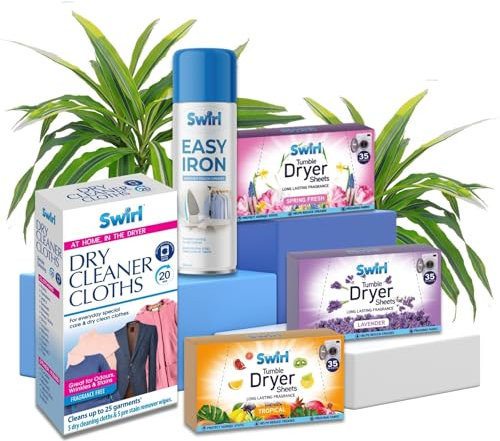 Swirl Tumble Dryer Sheets With Easy Iron Spray Set | Tropical, Lavender, Spring Fresh, Dry Cleaner Cloths, Easy Iron 300ml | 5pc Laundry Freshener for Fabric, Cloth & Crease Remover by Sinta Gifts