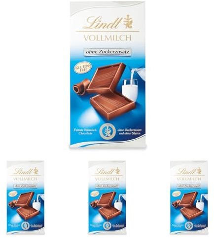 Lindt Schokolade Vollmilch ohne Zuckerzusatz | 100 g Tafel | Feinste und ohne Gluten | Schokoladengeschenk (Packung mit 4)