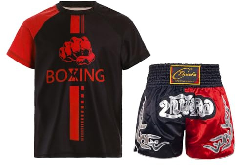 Yruioon Chándal para niños Muay Thai Boxing Shorts + Camiseta Niños Boxing Ropa de Boxeo Artes Marciales MMA Kick Boxing Set