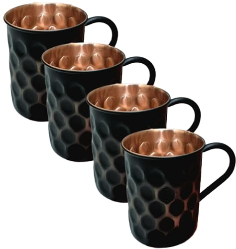 GRAINEX ENGINEER Black Matte Honeycomb Moscow Mule Mugs | Pure Copper Cups for Drinking | for Him & Her on Anniversaries, Birthdays, & More | Set of 4 (13.5 Oz)