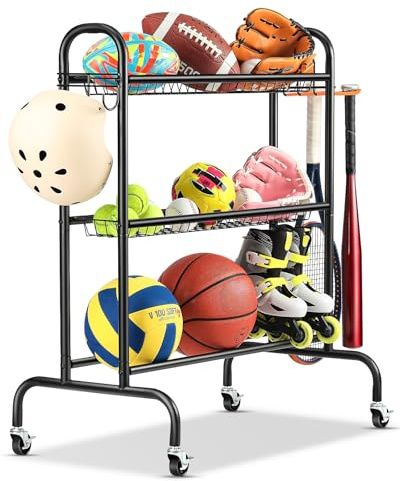 EXTCCT Basketball Rack with Wheels, 3 Tier Garage Ball Storage Organizer