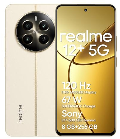 realme 12+ 5G Smartphone 8+256 GB con NFC, Fotocamera ritratto Sony LYT-600 OIS, Display AMOLED da 120 Hz, Smart Touch antipioggia, SUPERVOOC da 67 W, Navigator Beige rr(no adapter)