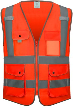KANMORE Hi Vis Safety Vest EN ISO 20471 – High Visibility Reflective Vest with 7 Pockets & Side Hand Pockets, Zipper Front Workwear for Construction, Security & Cycling – Orange/Yellow(Orange, L)