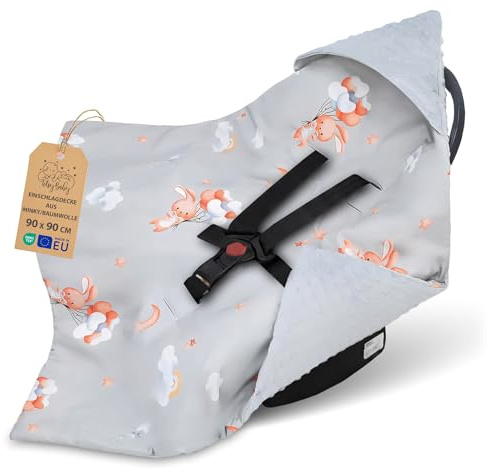 Coperta avvolgente per ovetto e passeggino – morbida copertina Minky neonato bifacciale con cappuccio – utilizzabile Inverno in viaggio e a casa 90×90 cm Coniglio Oeko-Tex