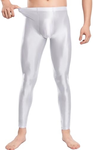 FEOYA Legging Homme Sport Moulant Pantalons Étroit Brillant Leggings Huile Brillant Pants Bas Collants Danse Pole Blanc L