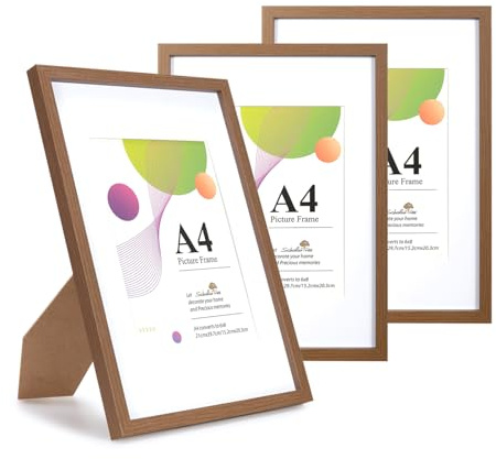 Scholar Tree A4 Brown Frame - 3 Pack A4 Picture Frame, Brown Picture Frames 21 X 29.7 cm, with Stand Tabletop or Wall Hanging, Wooden Photo Frames with A5 Mount