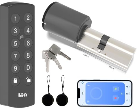 Lio Home Elektronisches Türschloss mit Tastatur, Schließzylinder 30/45 | Smart Lock, Tür Entsperren über NFC-Karten, Zahlencode, APP, Schlüssel, Smartes Türschloss mit Akku und Ladegerät