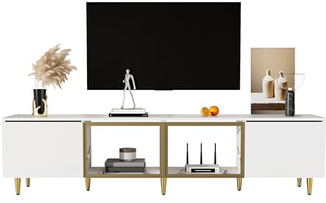 Azkoeesy TV-Schrank 170 cm für Wohnzimmer, Stand- oder Hängeboard, modernes TV-Board mit 4 Klapptüren, Glastüren, goldenen Metallbeinen und Griffen, weiß und Golden