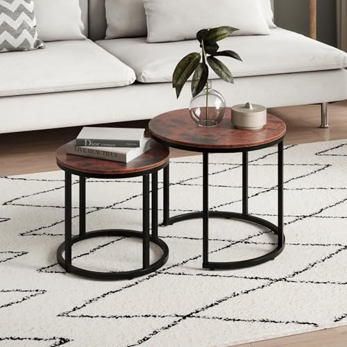 Home Collective Couchtisch 2er Set rund aus Holz, Wohnzimmertisch Modern, Beistelltisch Set 2 in 1 mit Metallgestell für Wohnzimmer Büro Beistelltisch Loft Design Twin | Eiche dunkel