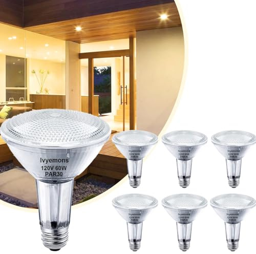 Ivyemons PAR30 Long Neck Halogen, 60W - 6 Pack PAR30 Flood Light Bulbs E26 Base, PAR 30 Dimmable 2800K Warm White, Long Lasting PAR 30 Halogen Bulb for Accent Lighting, Tracking Light, Recessed Lights