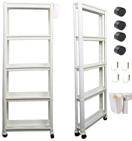 Hooha Küchenwagen,Rollwagen aus Kunststoff, schmal Rollwage,Servierwagen 5 Ebenen mit Rollen,Trennwänden, Haken für Räume Küche, Bad, Wohnzimmer, Arbeitszimmer, schmale Plätze,Breite 9cm