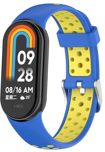 QJONSIU Klockarmband för Xiaomi Smart Band 10, Andningsbar Sportband i Silikon, Tvåfärgad Rem, Ersättningsrem för Xiaomi Smart Band 10-Blå Gul