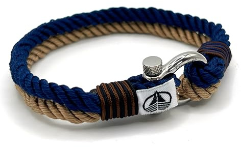 Men's Nautical Rope Bracelet, Durable Premium Woven Navy Blue & Beige Marine Rope | Bracelet with stainless steel Horseshoe Shackle | Waterproof Sailing Wristwear (Small Wrist (19cm))