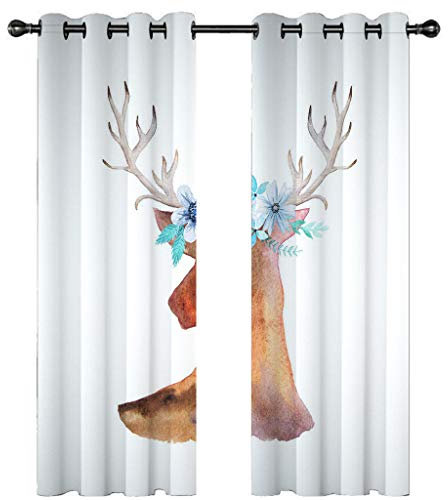 Kinder Gardinen Kinderzimmer Junge Mädchen Blickdicht Weißer Und Blauer Hirsch 140X160Cm 2Er Set Verdunkelungsvorhang Thermovorhang Hitzeschutz Vorhänge Wohnzimmer Schlafzimmer Vorhänge Mit Ösen