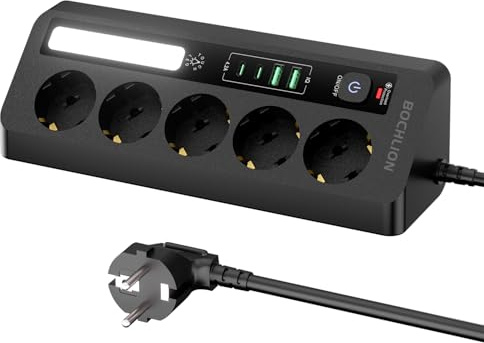 BOCHLION - Regleta de mesa con 5 enchufes con 4 puertos USB (2 puertos USB A+2 puertos USB C), multitoma de corriente con luz LED, toma de ángulo con interruptor y cable de 2 m para oficina, hogar