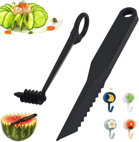 Kitchen Spiral and V-Shaped Tools, 2-in-1 Spiral Cutter and V-Shaped Fruit Knife, Carving Fruits and Vegetables Slice Manual Fruits Screw Peelers with Hooks(1Set*Spiral Tool)