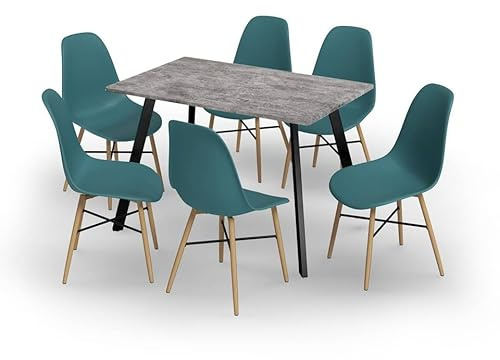 URBNLIVING 110cm Round Dining Table & 6 Tulip Chairs Set – Modern Wood Effect Kitchen Dining Furniture for Home & Apartment Décor - Concrete Table & Ocean Chair