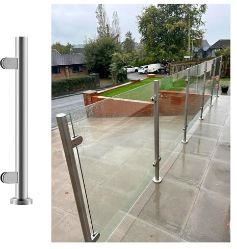 Poteau de balustrade en acier inoxydable 600 mm/900 mm/1100 mm pour panneaux de verre de 1012 mm pour extérieur de jardin, terrasse, balustrade, grise, grand poteau de clôture rond