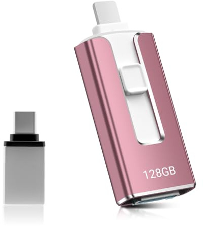 USB Stick 128GB für Phone,4-in-1 Speicherstick für iPhone/iPad/Android/PC,USB 3.0 Memory Stick High Speed Flash Laufwerk,schnelle Übertragung Photostick,Backup Fotos Videos,Rosa