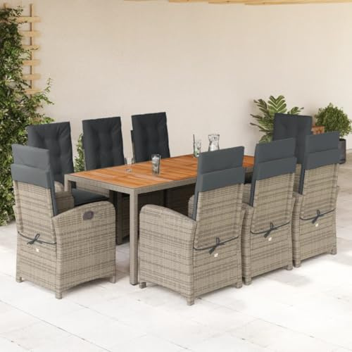 QJBSAVVA 9tlg Gartenmöbel-Set: 8 verstellbare Rattansessel + 190×90 cm Akazientisch, grau, Balkon/Terrasse