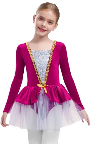 Miutii Vestido de patinaje artístico para niñas, con lentejuelas, vestido de ballet de terciopelo de manga larga, vestido de patinadora con falda de tul, vestido de bailarina latina, Rosa intenso