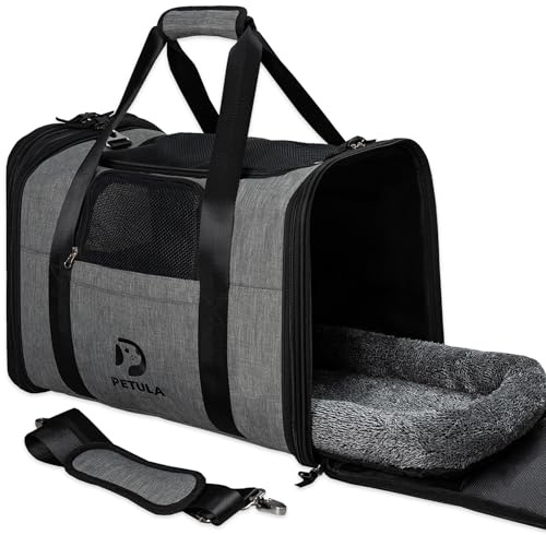 Petula Katzentransporttasche faltbar für Katzen & kleine Hunde bis 13 kg | Formstabil, mit weicher Innenmatte, atmungsaktives Material, für Reisen, mit Tragegurt, 44×32×34 cm, graues Design