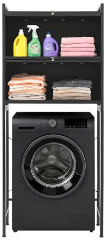 PurpleMinder Waschmaschinen Regal 70x25cm über WM - Stabile Ablage mit 2 Schränken & 6 Haken, bis 100kg, für Keller & Bad, schwarz, einfach montierbar