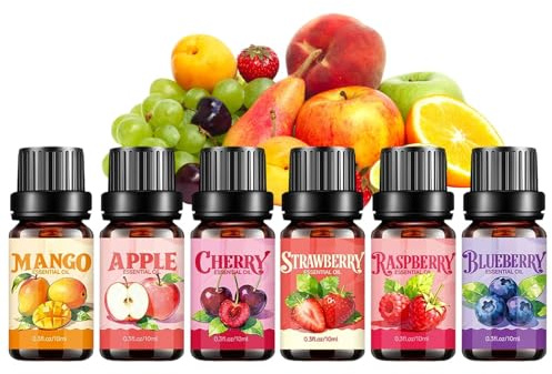 6 Pack Fragrance Oils - 10ml Fruit Scented Liquid, Diffuser and Humidifier Use | Ideal Aromatherapy Oils for Candle Making Holiday Christmas New Year Birthday Relaxation Meditation