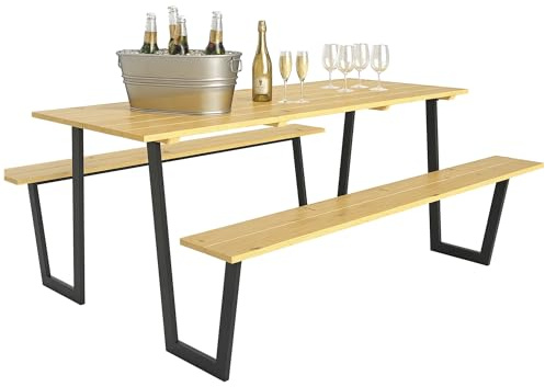 Outsunny Bierzeltgarnitur Holz 3-teilig, Festzeltgarnitur mit Schirmloch Biertisch und 2 Bierbänke Biertischgarnitur Sitzgarnitur Gartenmöbel Set für Garten Balkon Camping 175 x 148 x 78 cm Naturholz