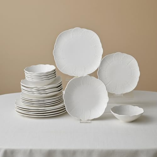 Karaca Bloom 24-Piece Fine Bone China Dinner Set for 6 People, Luxury Royal White Porcelain Plates and Bowls Kit, Elegant Modern Floral Embossed Ceramic Tableware, Dishwasher Microwave Safe