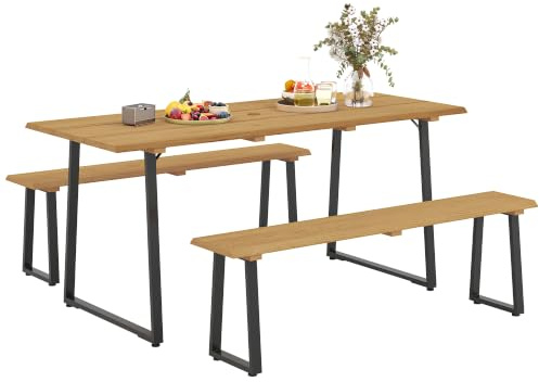 Outsunny Sitzgruppe 3-Teilig für 6 Personen mit Schirmloch Naturholz | Holz Essgruppe, Esstisch und 2 Bänke, Esszimmergruppe, Holztisch, Küchentisch-Set, Gartenmöbel für Balkon Terrasse
