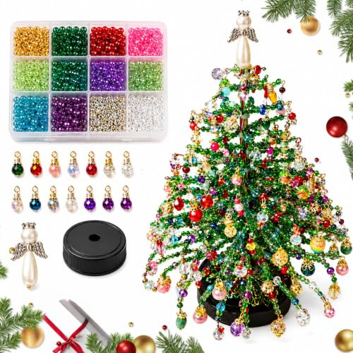 Kit fai-da-te per albero di Natale con perline, kit 3D con perline (A) | Perline colorate e filo metallico, design 3D da tavolo, decorazione natalizia compatta, istruzioni incluse