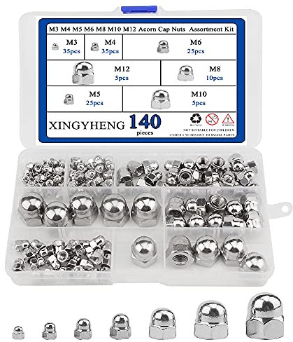 BGTXINGI 140Pcs 7Kinds 304 Stainless Steel M3 M4 M5 M6 M8 M10 M12 Acorn Cap Nut Decorative Hex Cap Dome Nuts Assortment Kit