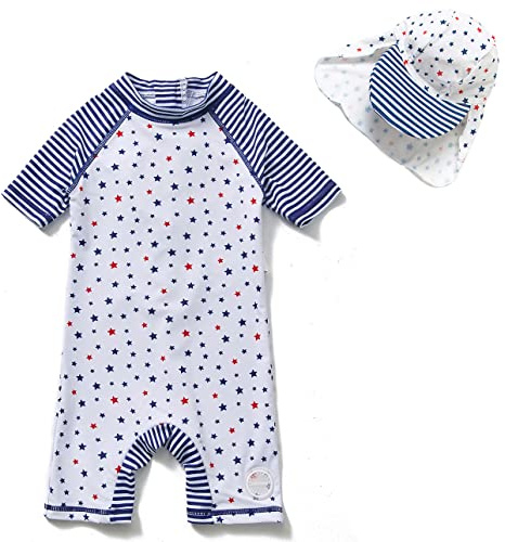 Mazuliso Bebé Niño Traje de Baño UPF50+ una Pieza Manga Corta Bañadores con Cremallera y Sombrero(WeißStern1,74-80 CM)