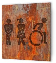 DECOHO - Panneau pictogramme de signalisation fun · Toilettes Trio H/F PMR | Texture Rouille - Marron