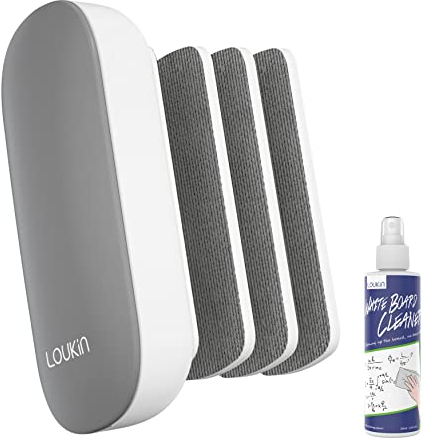 LOUKIN Austauschbarer trocken abwischbarer Radiergummi, magnetischer Whiteboard-Radiergummi mit 3 austauschbaren Filzpads, 4-in-1-Glas-Whiteboard-Radiergummis, inklusive 3,4oz Whiteboard-Reiniger