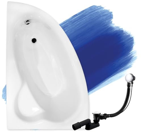 BADLAND Badewanne Original Weiß Acryl Wanne Eckbadewanne NATALIA 150x100 Links KOMPLETTSET SET + Füßen und Exklusive Chrom Automatik Ablaufgarnitur Made in EU 3in1