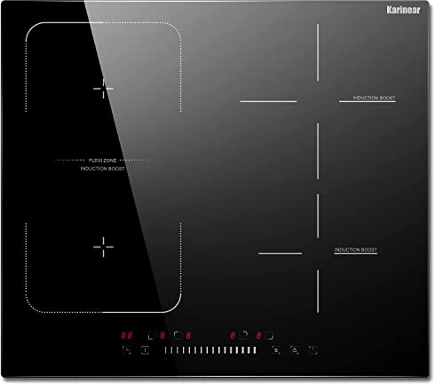 Karinear placa induccion 4 fuegos 60 cm, Control deslizante, 9 niveles de potencia, Función Boost, Zonas flexibles, Temporizador, Sin enchufe (7200W)