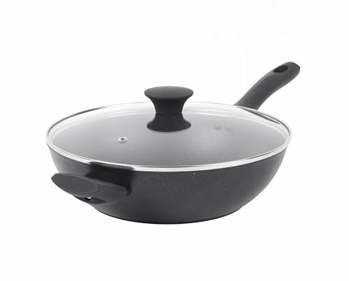 Salter BW09329 Megastone Noir 28cm Wok - Non-Stick Stir-Fry Pan, Forged Aluminium Cookware, Tempered Glass Lid, Induction Hob Suitable, Dishwasher & Metal Utensil Safe, PFOA Free