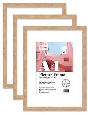 Almost Frameless A4 Oak Picture Frame Set of 3, Display A5 Pictures with Mount or A5 Without Mount Gallery Wall, Poster, Photo, Artwork, or Print, Oak