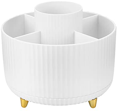 Maziigou 360°Rotating Makeup Organiser, Makeup Brush Holder with 5 Compartments, Rotating Brush Organiser for Cosmetics Perfume Jewellery for Dressing Table Bedroom Bathroom Office, White (XZHZH)