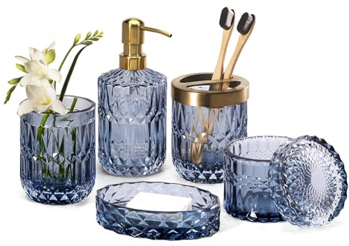 EMPO 6-teiliges Badezimmer-Zubehör-Set aus klarem Glas (Lotion-Seifenspender, Seifenschale, Zahnbürstenhalter, Becher, Wattestäbchen-Glas), Moderne Dekoration, Kristall-Vintage-Geschenk (Blau)