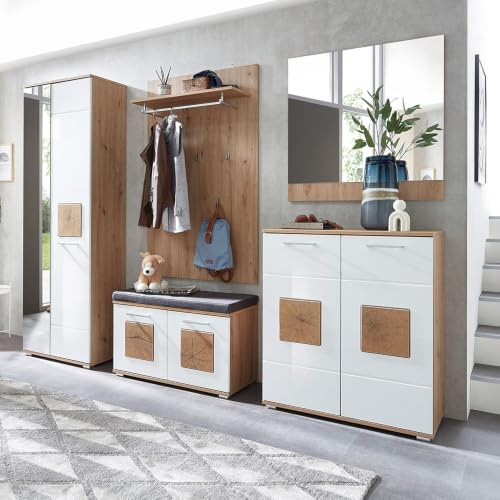 Lomadox Garderoben-Set 5-teilig in braun mit weiß | Flurgarderobe in Eiche mit weiß Hochglanz | Garderobenschrank, Garderobenpaneel, Flurbank, Schuhschrank, Spiegel