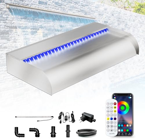LONGRUN 60cm Teich Wasserfall Set,304 Edelstahl Pool Wasserfall Brunnen mit RGB Bluetooth LED und Fernbedienung, Breite 31cm