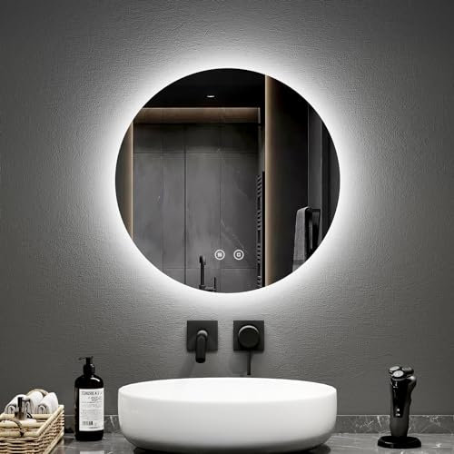 EMKE Miroir Salle de Bain avec Eclairage Rond, 50 cm, avec Anti-buée+Interrupteur Tactile, Miroir Salle de Bain, Lumière Blanc Froid 6500K de lumière Variable Miroir LED Salle de Bain