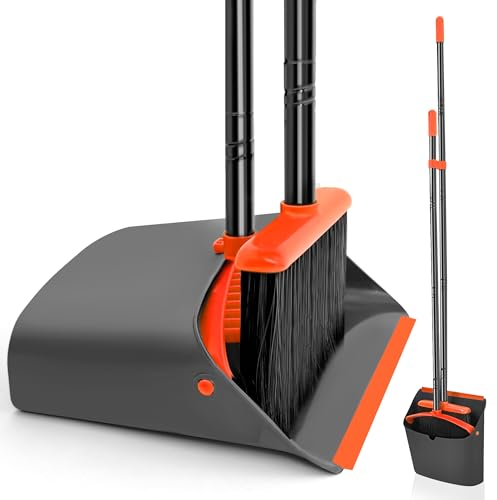 JEHONN Besen und Kehrschaufel Set mit Langem Stiel 137 cm, Kehrbesen und Aufrecht Stehende Schaufel mit Kammzähnen, Broom Kehrset für Innen Haus Küche Lobby Garten Büro Zimmer (Schwarz Orange)