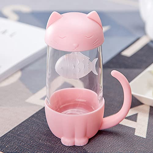 Unique and Charming Tea Infuser Cup for Cat Lovers, Cute Glass Cup with Fish Infuser, Easy to Use Creative Tea Infuser Cup, Tea Infuser Strainer Filter Morning Cup(PinkDog)