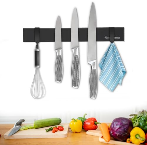 Magnetic Knife Holder for Wall, 10 Inch Black Magnetic Knife Strip no Drilling with 2 Hooks, Stainless Steel Magnet Knife Holder, Powerful Magnetic Knife Rack for Knives, Utensils and Tools