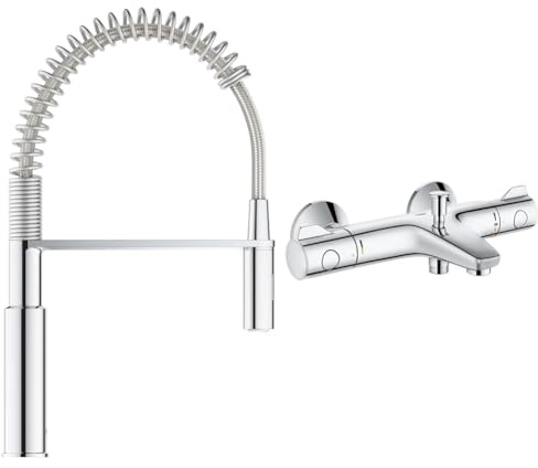 GROHE Robinet évier de cuisine Get, mitigeur monocommande 2 jets) & Mitigeur thermostatique Bain/Douche 1/2 Grohtherm 800 34569000, Argent