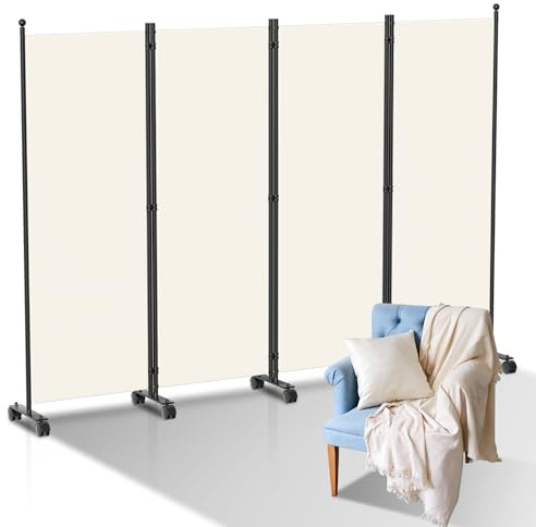 Ansobea Paravent divisorio su rotelle, divisorio pieghevole, 4 pezzi, 228 x 181 x 30 cm, paravento in fibra di poliestere, facile installazione (beige)